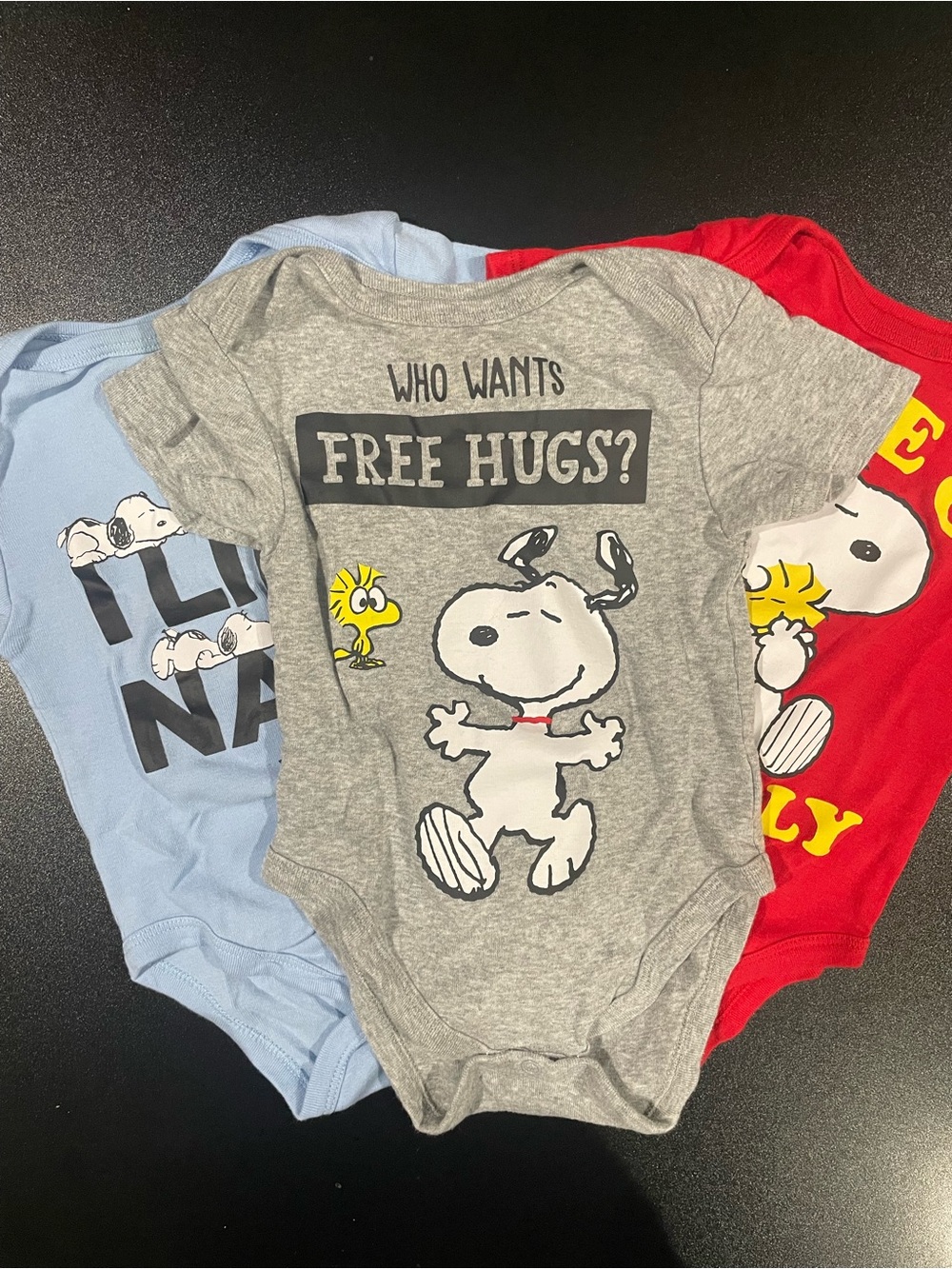 3 PEANUTS One Pieces: Blue / Grey / Red. 18 mo. 🐾🐥
